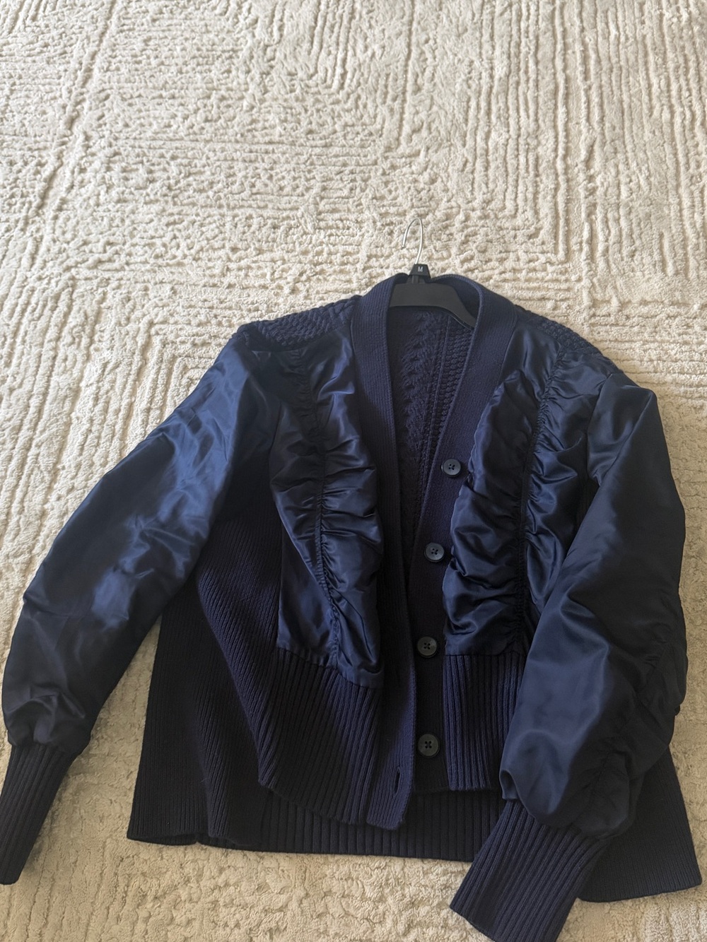 Zara Navy Mixed-Media Ruffle Bomber Cardigan